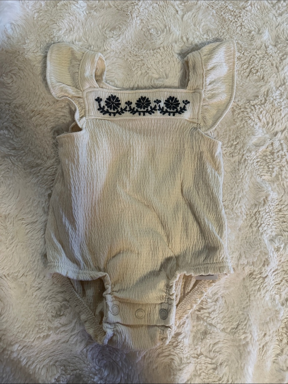 Cream Textured Baby One-Piece Bodysuit with Navy Floral Embroidery